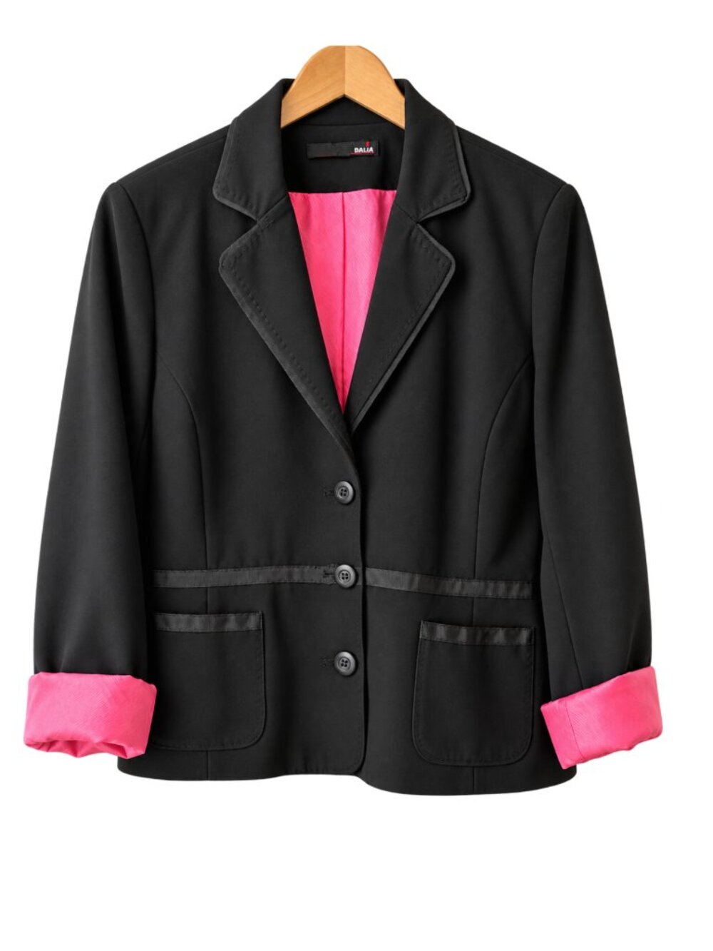 Dalia Y2K Black Blazer Hot Pink Lining Ribbon Trim Size 8